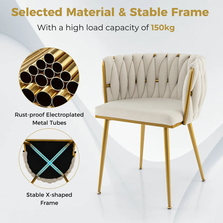 Set of 2 Upholstered Dining Chair w/ Curved Backrest and Metal Tubes-White