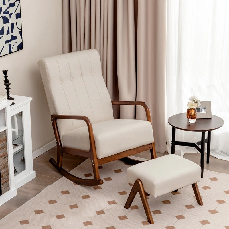 Rocking Chair with Ottoman and Solid Rubber Wood Frame and Padded Cushion