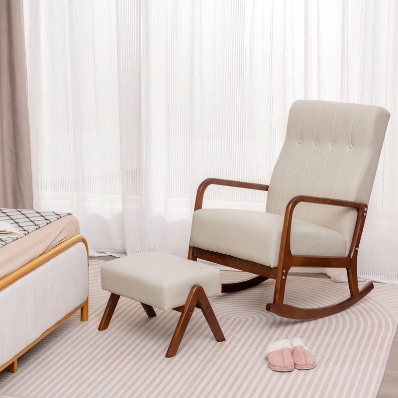 Rocking Chair with Ottoman and Solid Rubber Wood Frame and Padded Cushion