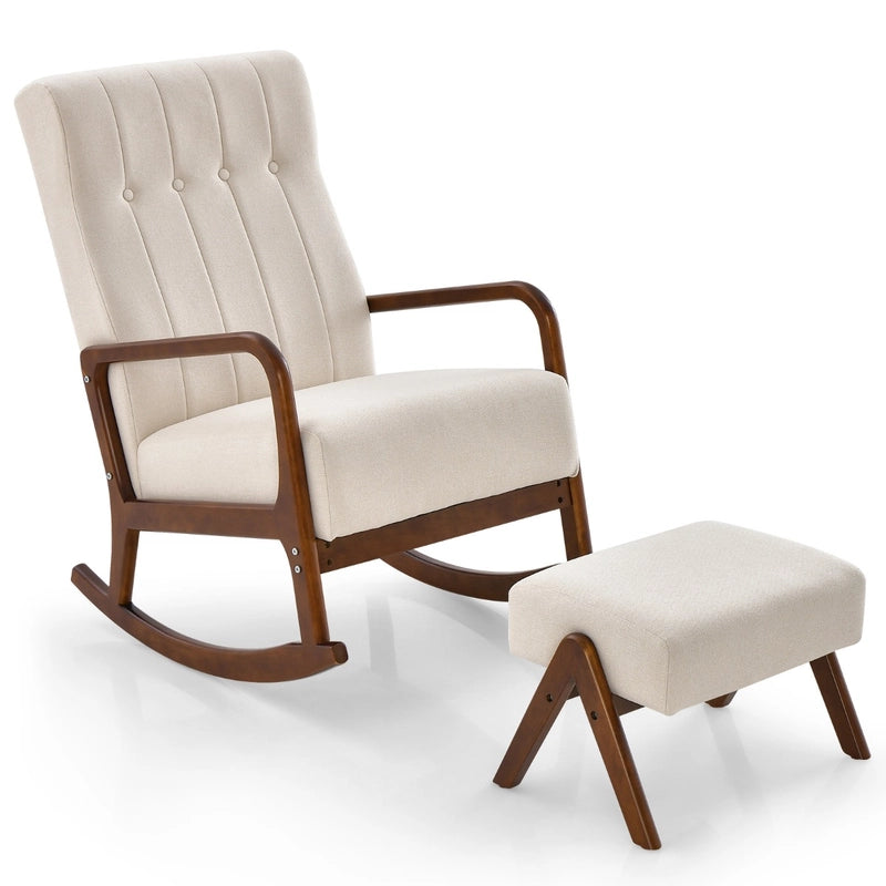 Rocking Chair with Ottoman and Solid Rubber Wood Frame and Padded Cushion
