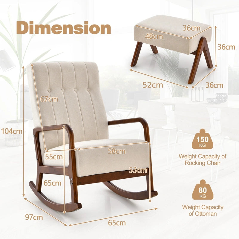 Rocking Chair with Ottoman and Solid Rubber Wood Frame and Padded Cushion