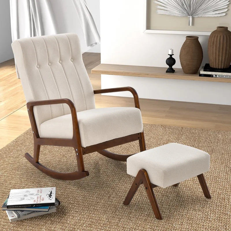 Rocking Chair with Ottoman and Solid Rubber Wood Frame and Padded Cushion