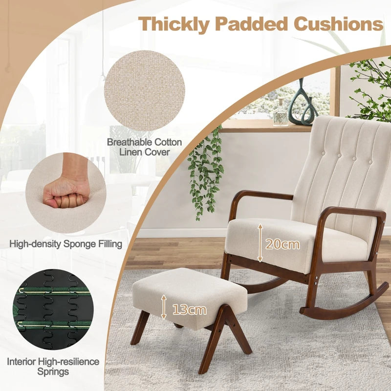 Rocking Chair with Ottoman and Solid Rubber Wood Frame and Padded Cushion
