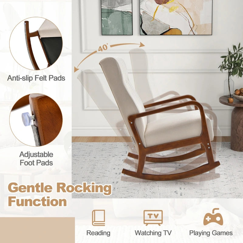 Rocking Chair with Ottoman and Solid Rubber Wood Frame and Padded Cushion