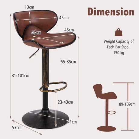 Upholstered Height-adjustable Bar Stools Set of 2 with Backrest and Metal Frame-Rustic Brown