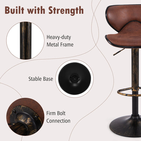 Upholstered Height-adjustable Bar Stools Set of 2 with Backrest and Metal Frame-Rustic Brown