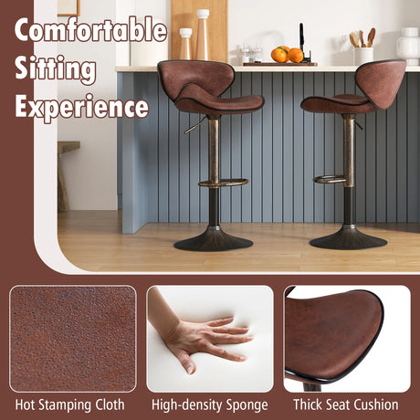 Upholstered Height-adjustable Bar Stools Set of 2 with Backrest and Metal Frame-Rustic Brown