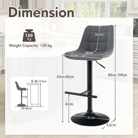 Upholstered Height Adjustable Bar Stools Set of 2 with Fabric Backrest-Grey