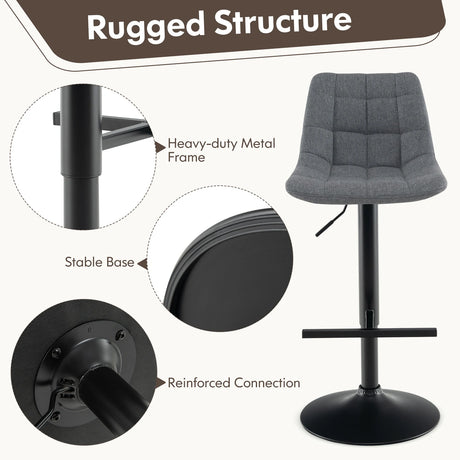 Upholstered Height Adjustable Bar Stools Set of 2 with Fabric Backrest-Grey