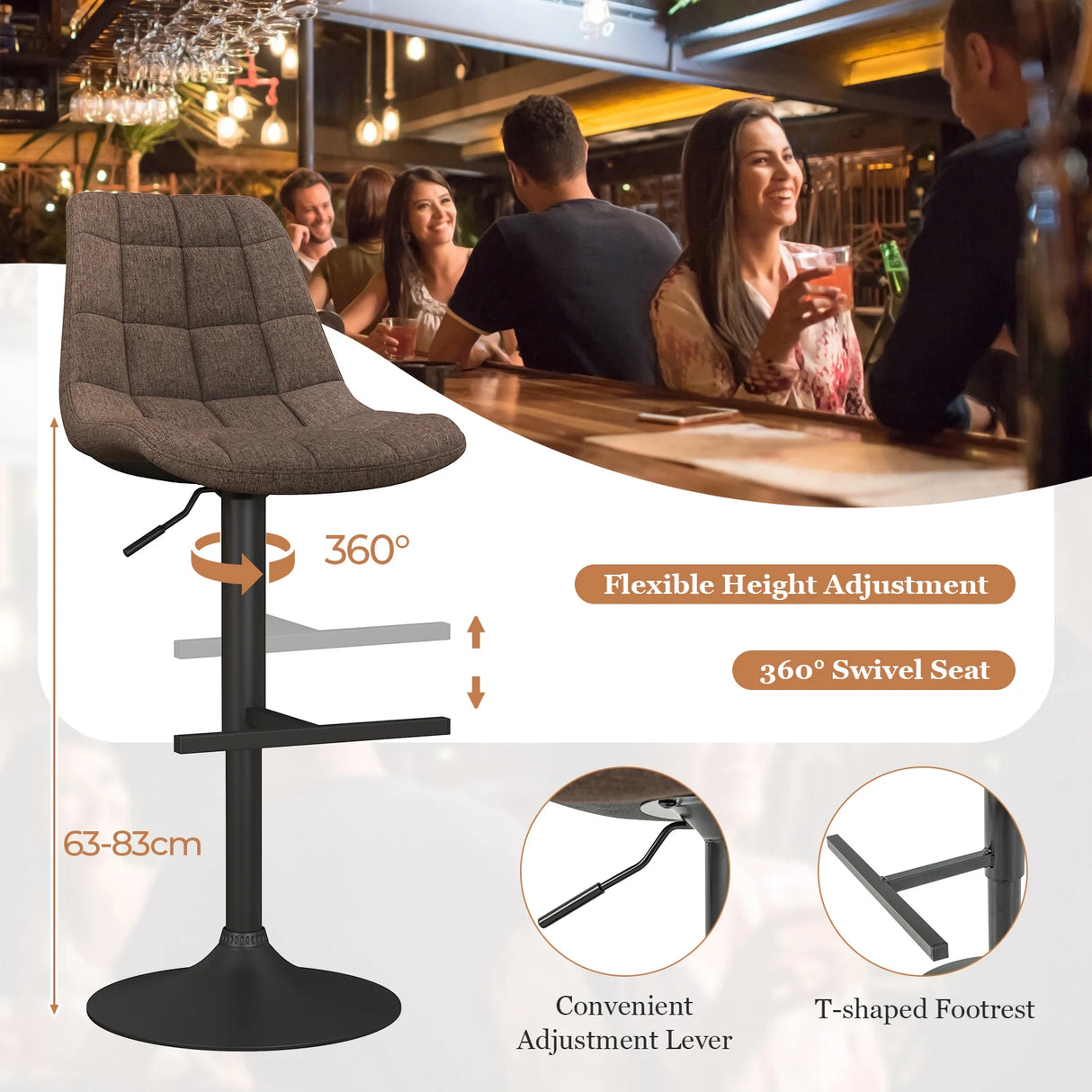 Upholstered Height Adjustable Bar Stools Set of 2 with Fabric Backrest-Brown