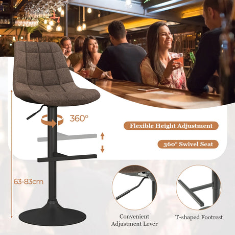 Upholstered Height Adjustable Bar Stools Set of 2 with Fabric Backrest-Brown