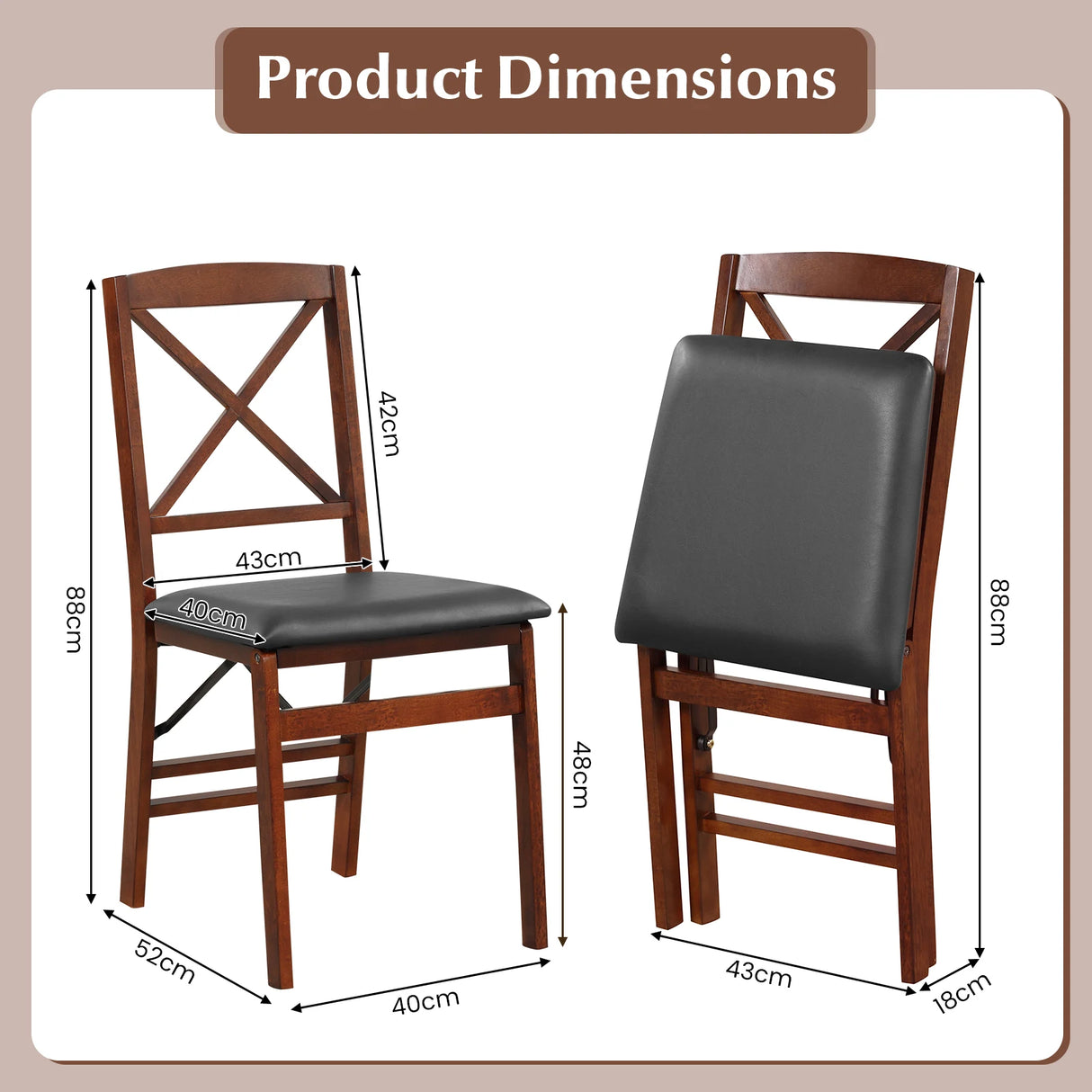 Set of 2 Folding Dining Chairs with 400 LBS Capacity-Brown