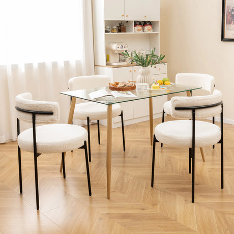 Round Sherpa Upholstered Kitchen Armless Chairs with Curved Backrest Set of 4-Beige