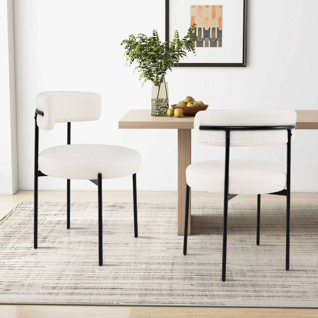 Round Sherpa Upholstered Kitchen Armless Chairs with Curved Backrest Set of 4-Beige