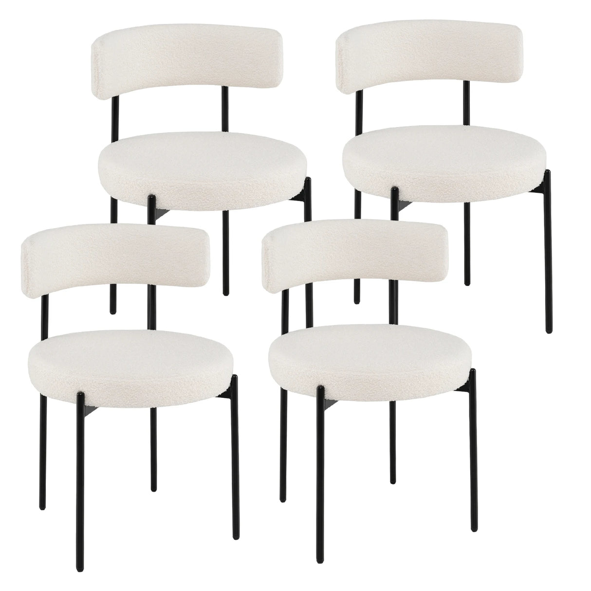 Round Sherpa Upholstered Kitchen Armless Chairs with Curved Backrest Set of 4-Beige