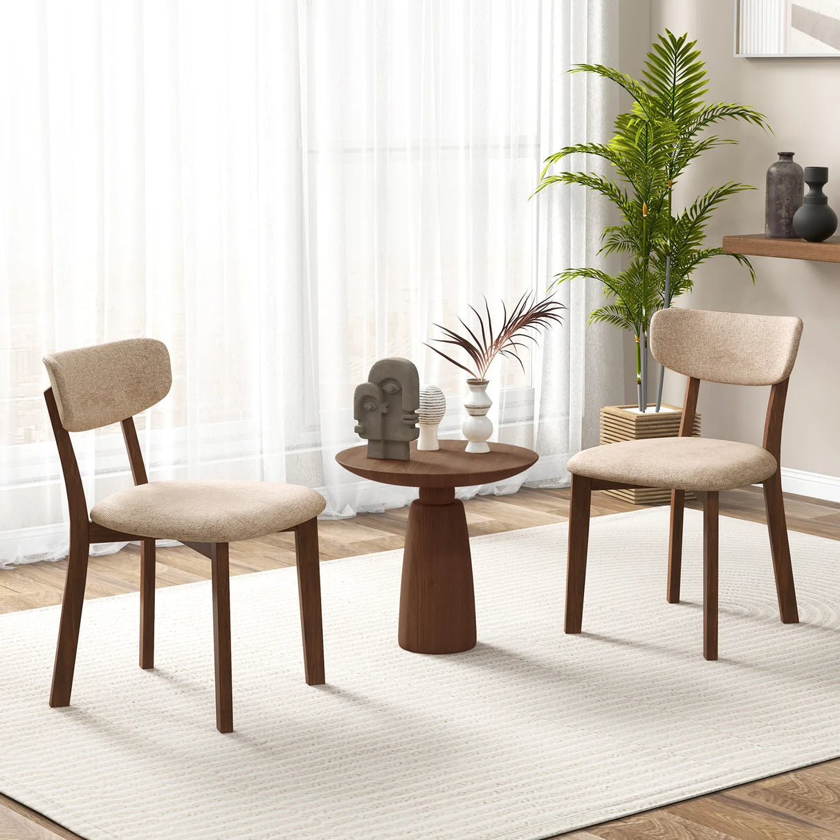 Dining Chairs Set of 2 Upholstered Mid-Back Chairs with Solid Rubber Wood Frame-Beige