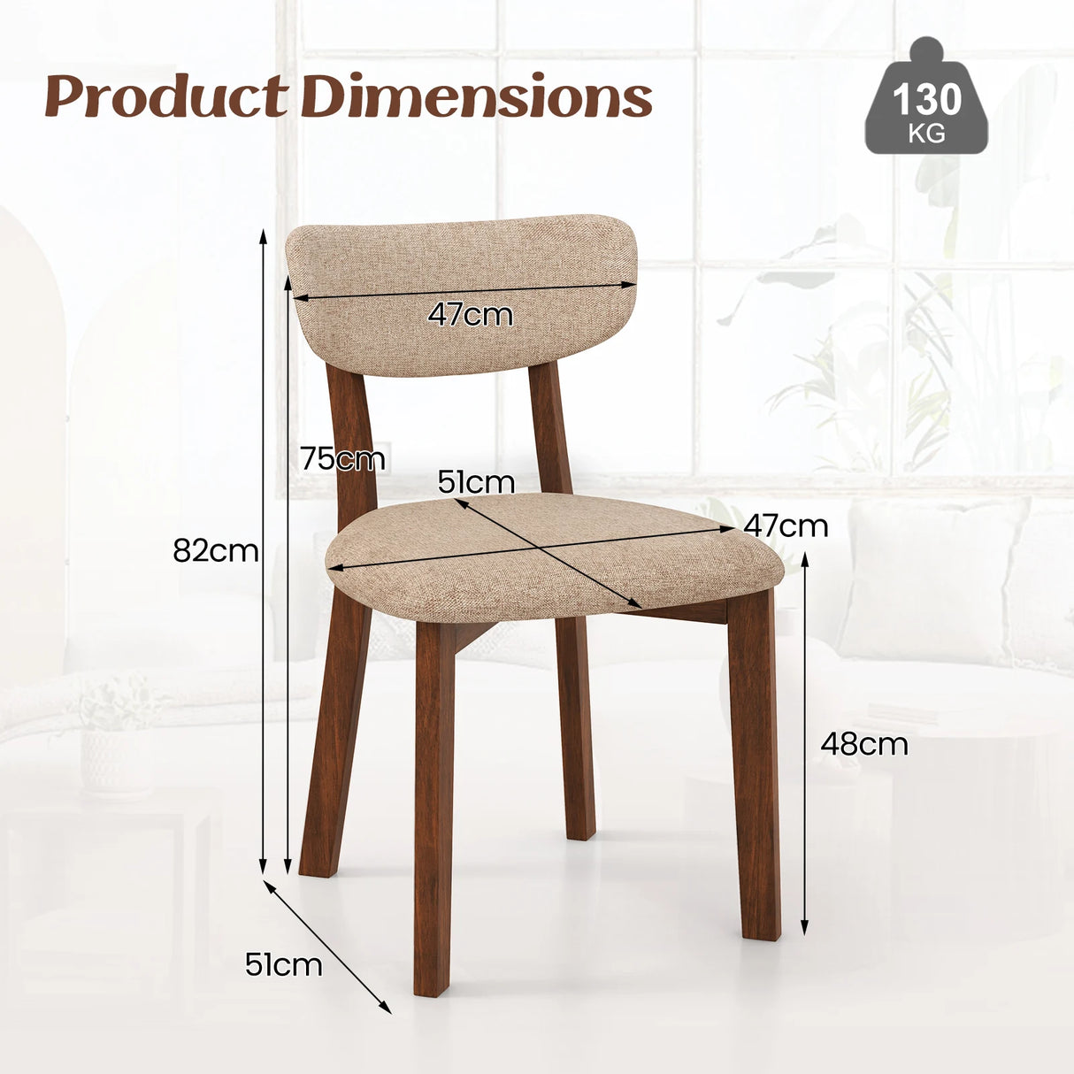 Dining Chairs Set of 2 Upholstered Mid-Back Chairs with Solid Rubber Wood Frame-Beige