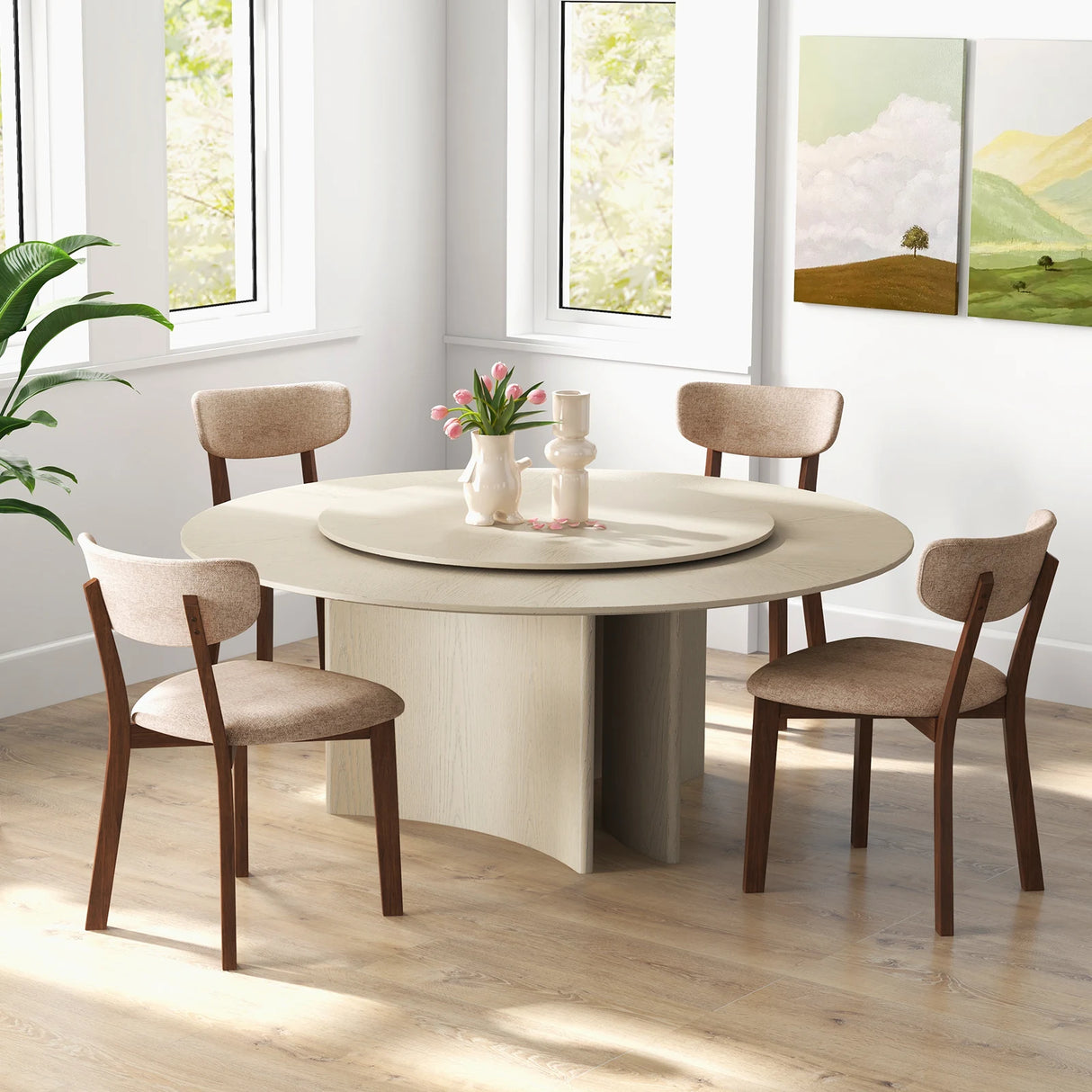 Dining Chairs Set of 2 Upholstered Mid-Back Chairs with Solid Rubber Wood Frame-Beige