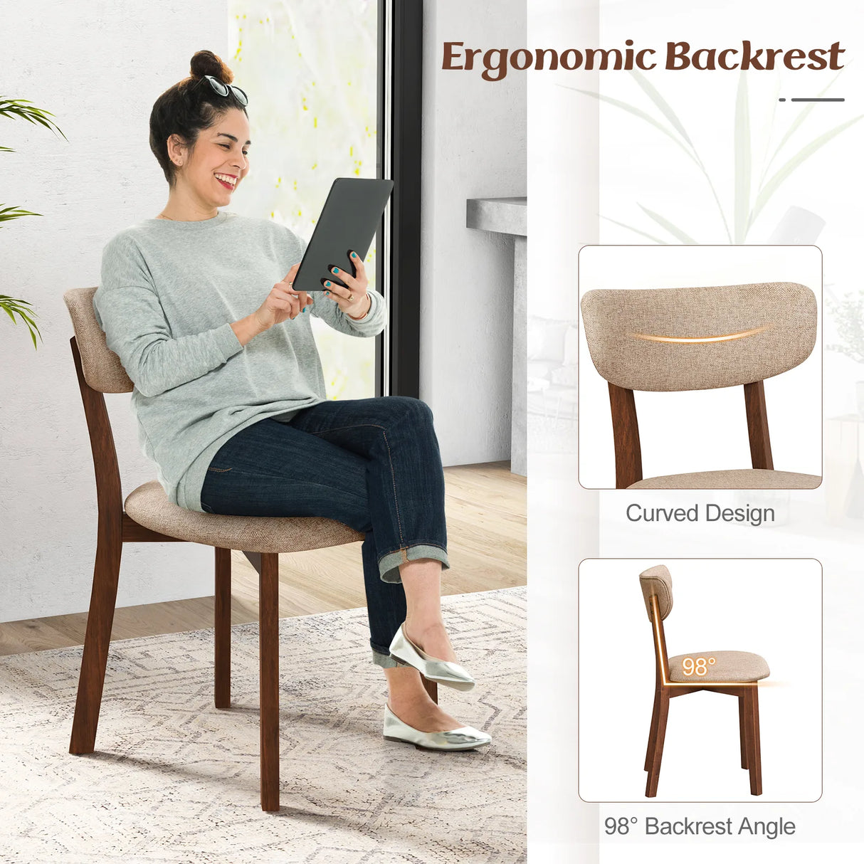 Dining Chairs Set of 2 Upholstered Mid-Back Chairs with Solid Rubber Wood Frame-Beige