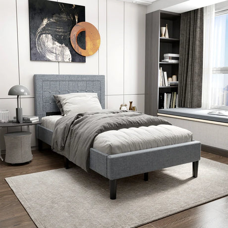 Upholstered Single Bed Frame with High Headboard-Grey