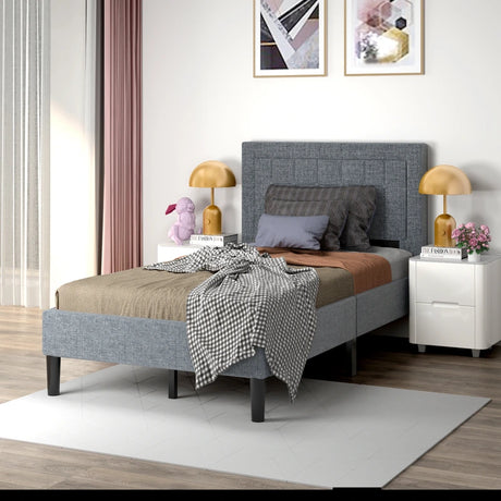 Upholstered Single Bed Frame with High Headboard-Grey