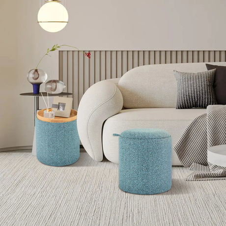 Upholstered Storage Round Ottoman Set of 2 with Reversible Tray-Blue