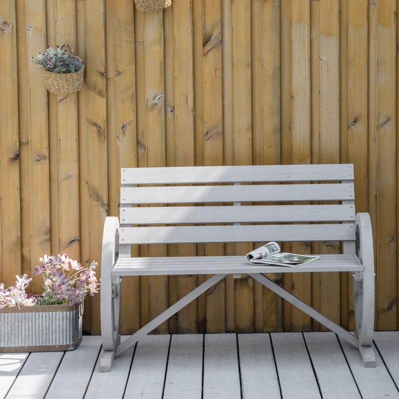 Outsunny Wooden Cart Wagon Wheel 2 Seater Garden Bench Outdoor Garden Armrest Chair Rustic High Back Loveseat Grey