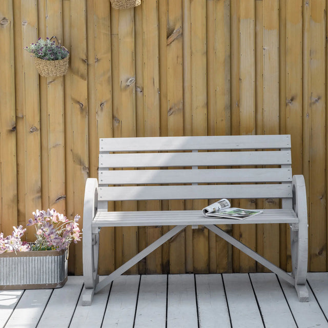 Outsunny Wooden Cart Wagon Wheel 2 Seater Garden Bench Outdoor Garden Armrest Chair Rustic High Back Loveseat Grey