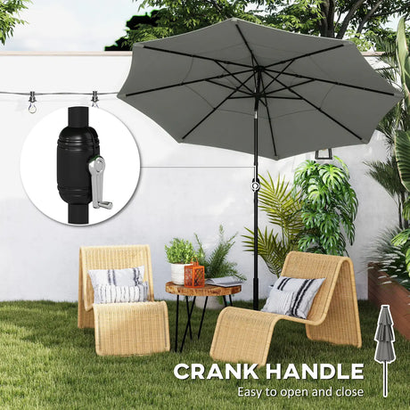 Outsunny Garden Parasol, Parasol Umbrella with 3-tier Roof, Crank Handle, Tilt Function, Polyester Canopy, Grey