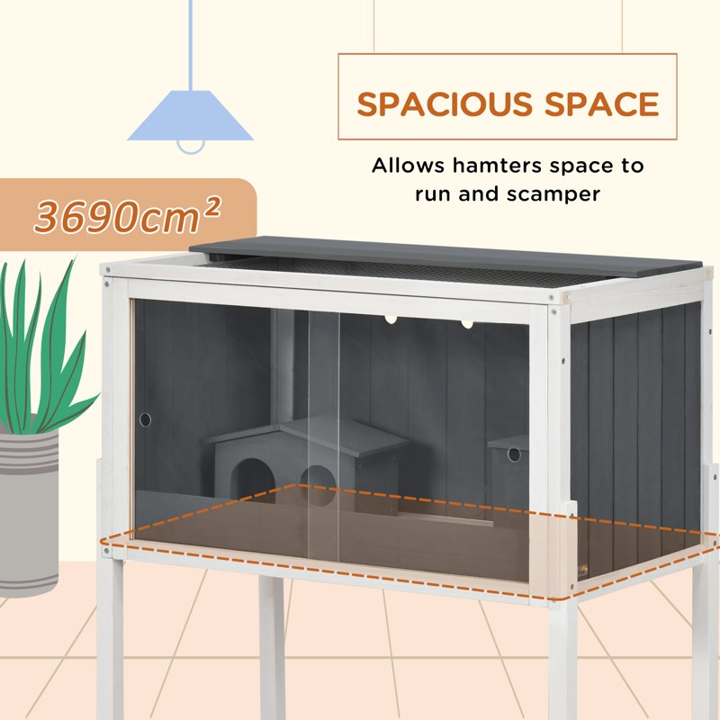 PawHut Wooden Hamster Cage for Dwarf Hamsters, Gerbils, Rutin Chicken, with Shelf, Two Huts - Grey