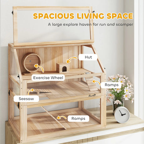 PawHut Wooden Hamster Cage with Detachable 31cm Deep Bottom, Hut, Seesaw, Exercise Wheel, Ramp, 80 x 50 x 76cm, Natural