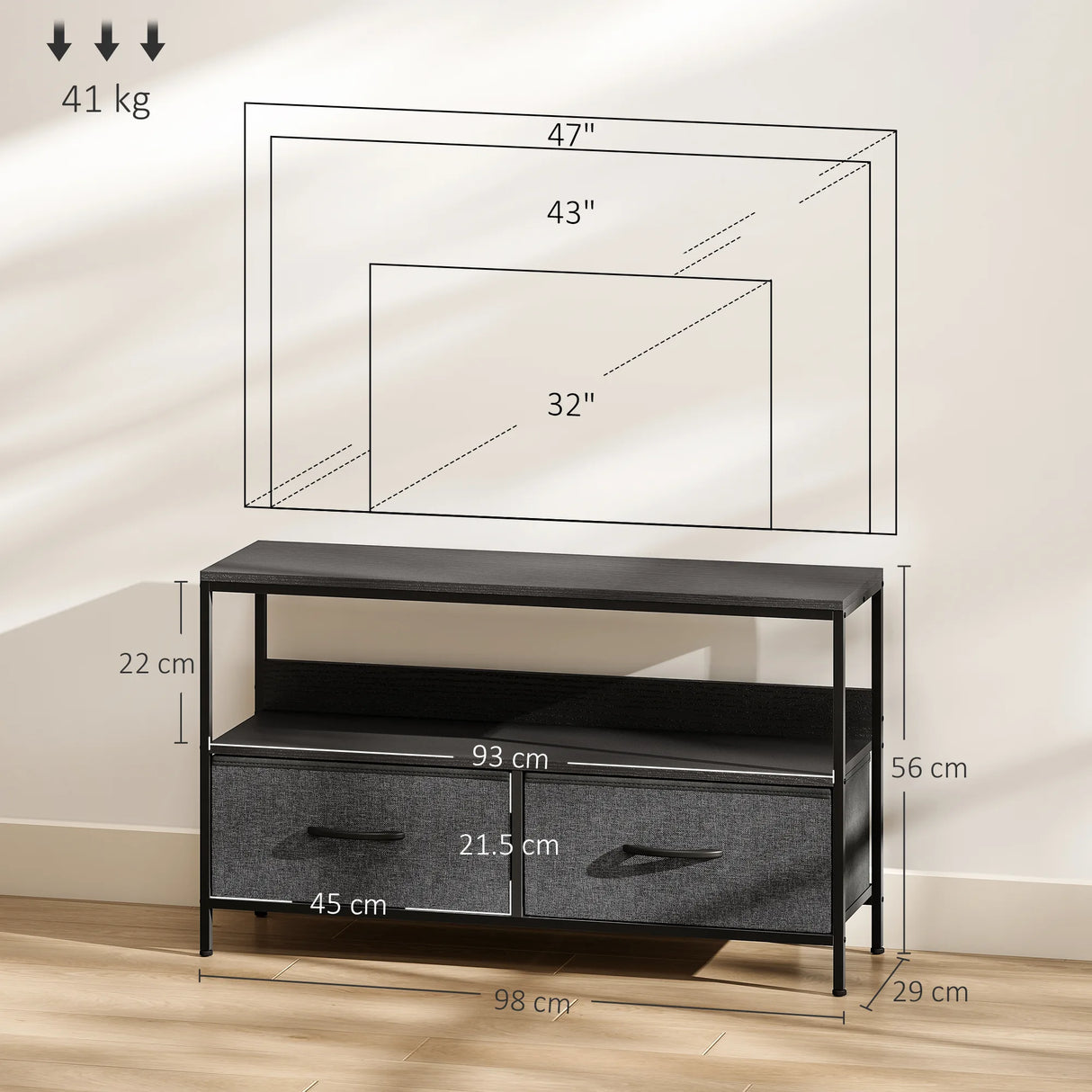 HOMCOM TV Stand Cabinet with 2 Foldable Drawers - Black