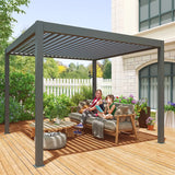 Outsunny 3 x 3(m) Electric Louvered Pergola with LED Lights, Aluminium Pergola Hardtop Gazebo with Remote, Adjustable Roof and Drainage System, Water and UV Proof