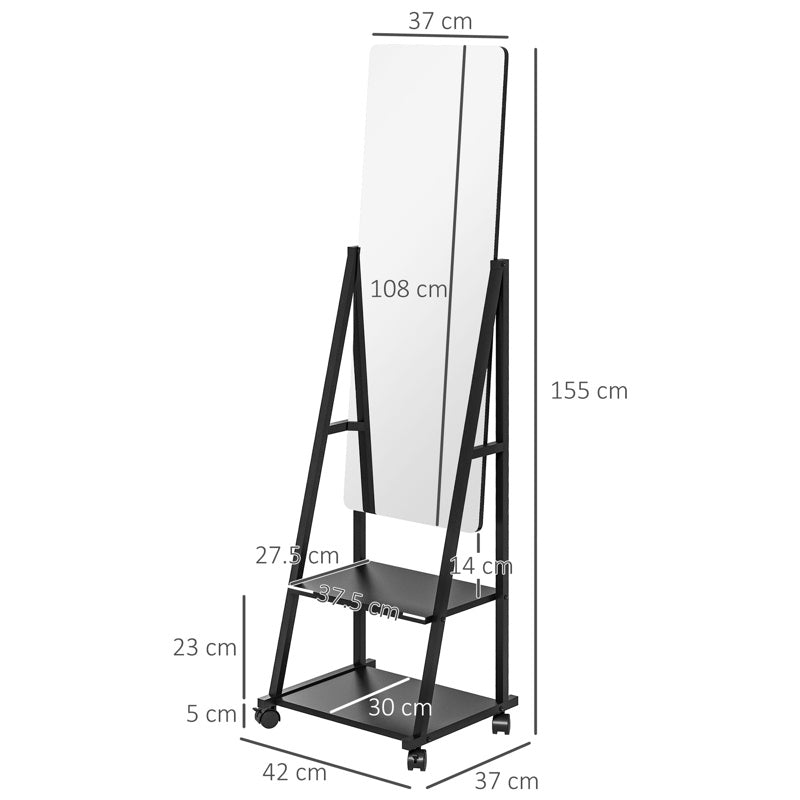 HOMCOM Free Standing Dressing Mirror, Rolling Full Length Mirror on Wheels with Adjustable Angle, Storage Shelves for Bedroom