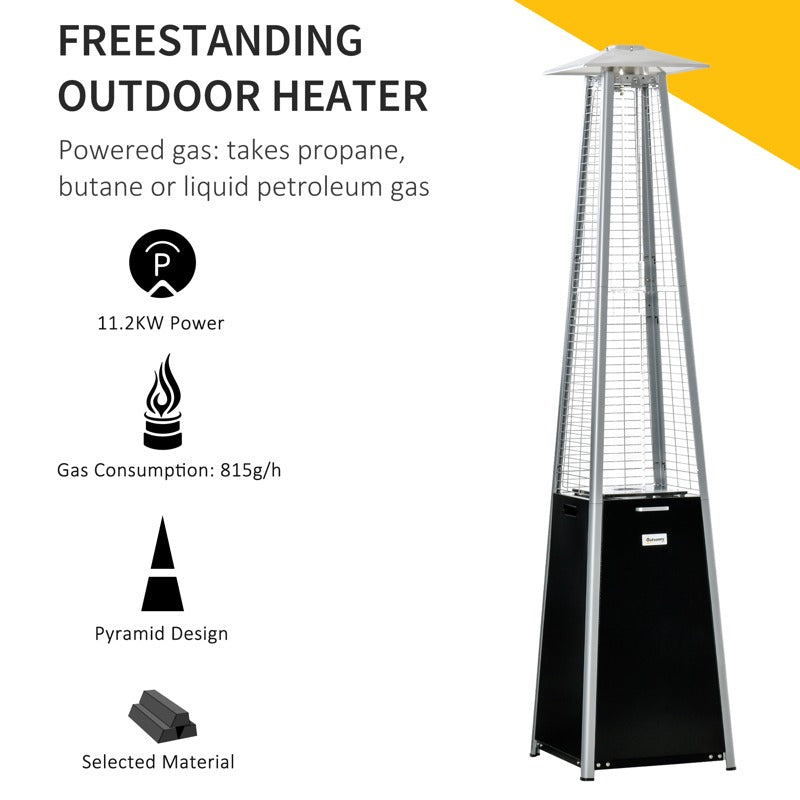 Outsunny 11.2KW Outdoor Patio Gas Heater Freestanding Pyramid Propane Heater Garden Tower Heater with Wheels, Dust Cover, Regulator and Hose, Black, 50 x 50 x 225cm