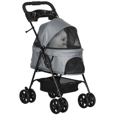 PawHut Dog Pram Dog Stroller Foldable Pet Pushchair with 4 Wheels, Safety Leashes, Cup Holder for Small Dogs, Grey