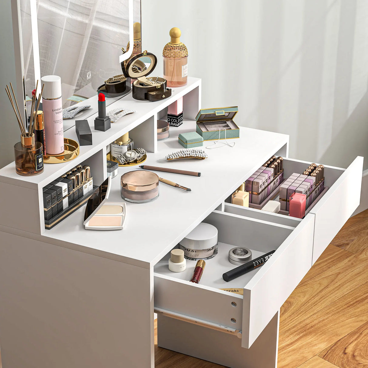 HOMCOM Storage Dressing Table, with LED Light Mirror - White
