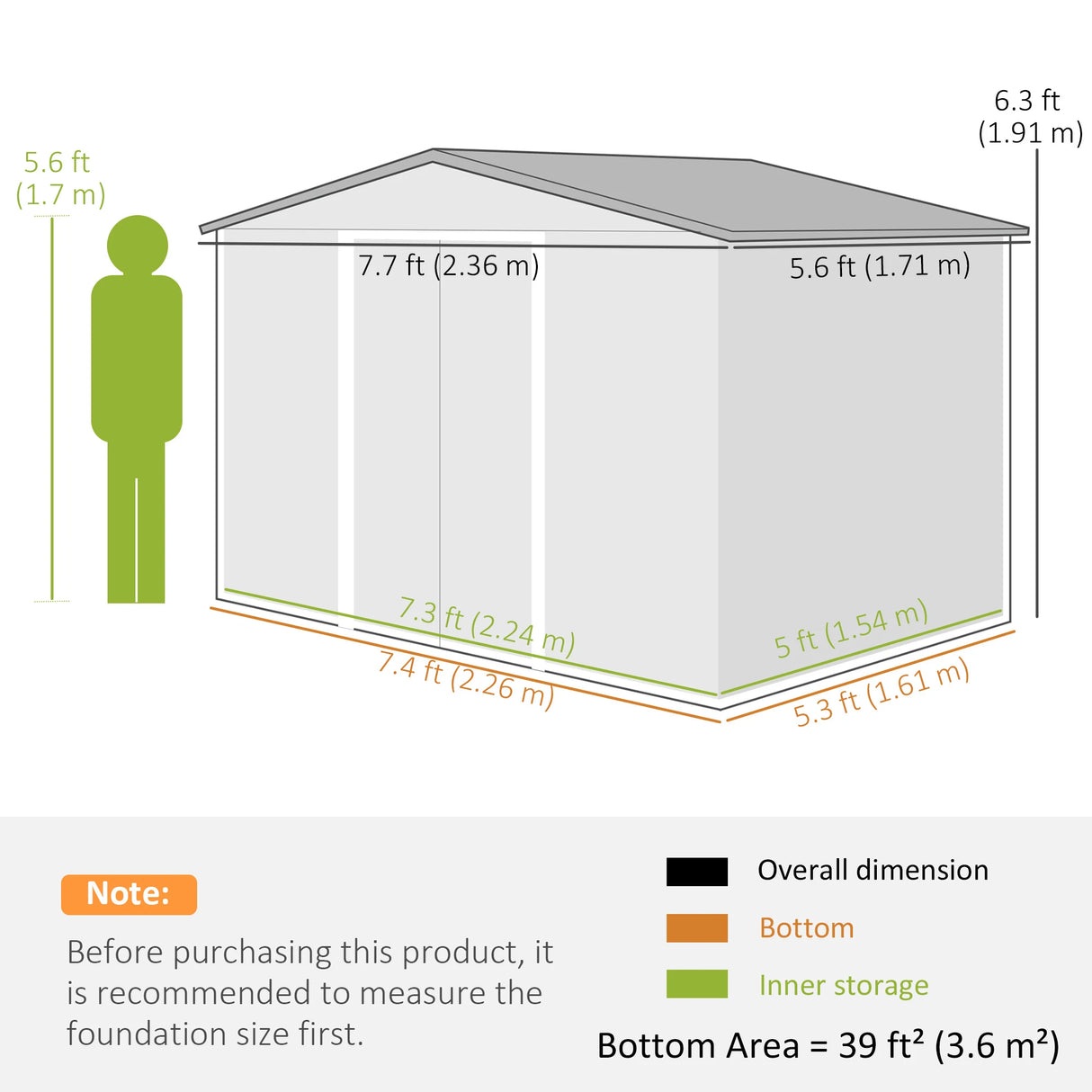 Outsunny 8 x 6ft Galvanised Steel Shed, with Double Door - Dark Grey