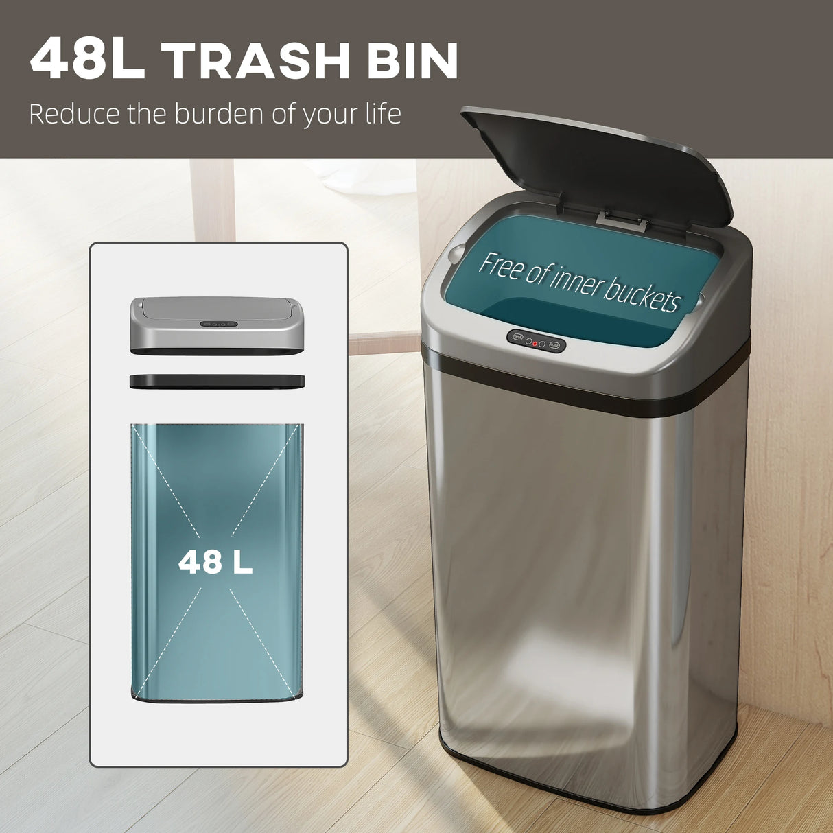 HOMCOM 48L Stainless Steel Sensor Bin - Silver-Tone