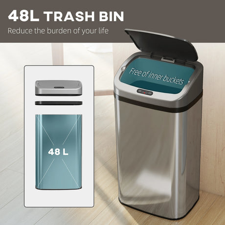 HOMCOM 48L Stainless Steel Sensor Bin - Silver-Tone