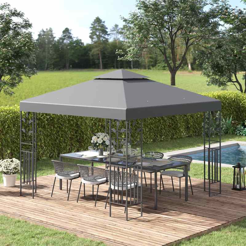 Outsunny 3 x 3m Outdoor Steel Gazebo with 2 Tier Roof, Garden Gazebo Patio Canopy Marquee Shelter with Decorative Steel Frame - Grey