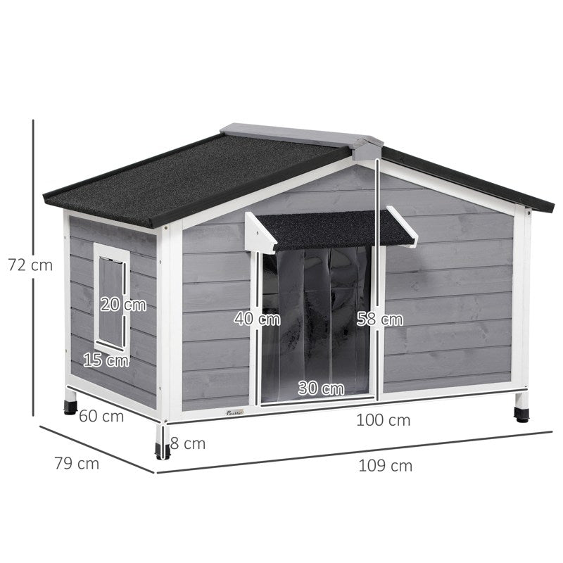 PawHut Wooden Dog Kennel for Outside, for Medium Dogs, 72H x 109L x 79Wcm, Grey