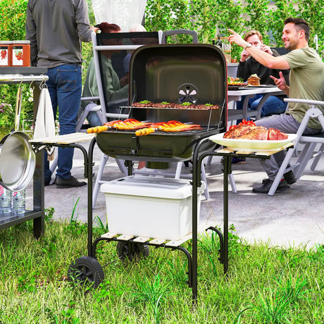 Outsunny Charcoal Barbecue Grill Portable BBQ Grill with 1840 cm2 Cooking Area, 3 Shelves, Adjustable Vent, Lockable Lid, Wheels for Outdoor Cooking, Garden Party, Red