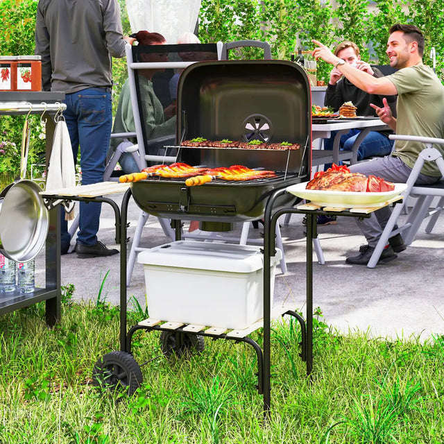 Outsunny Charcoal Barbecue Grill Portable BBQ Grill with 1840 cm2 Cooking Area, 3 Shelves, Adjustable Vent, Lockable Lid, Wheels for Outdoor Cooking, Garden Party, Red