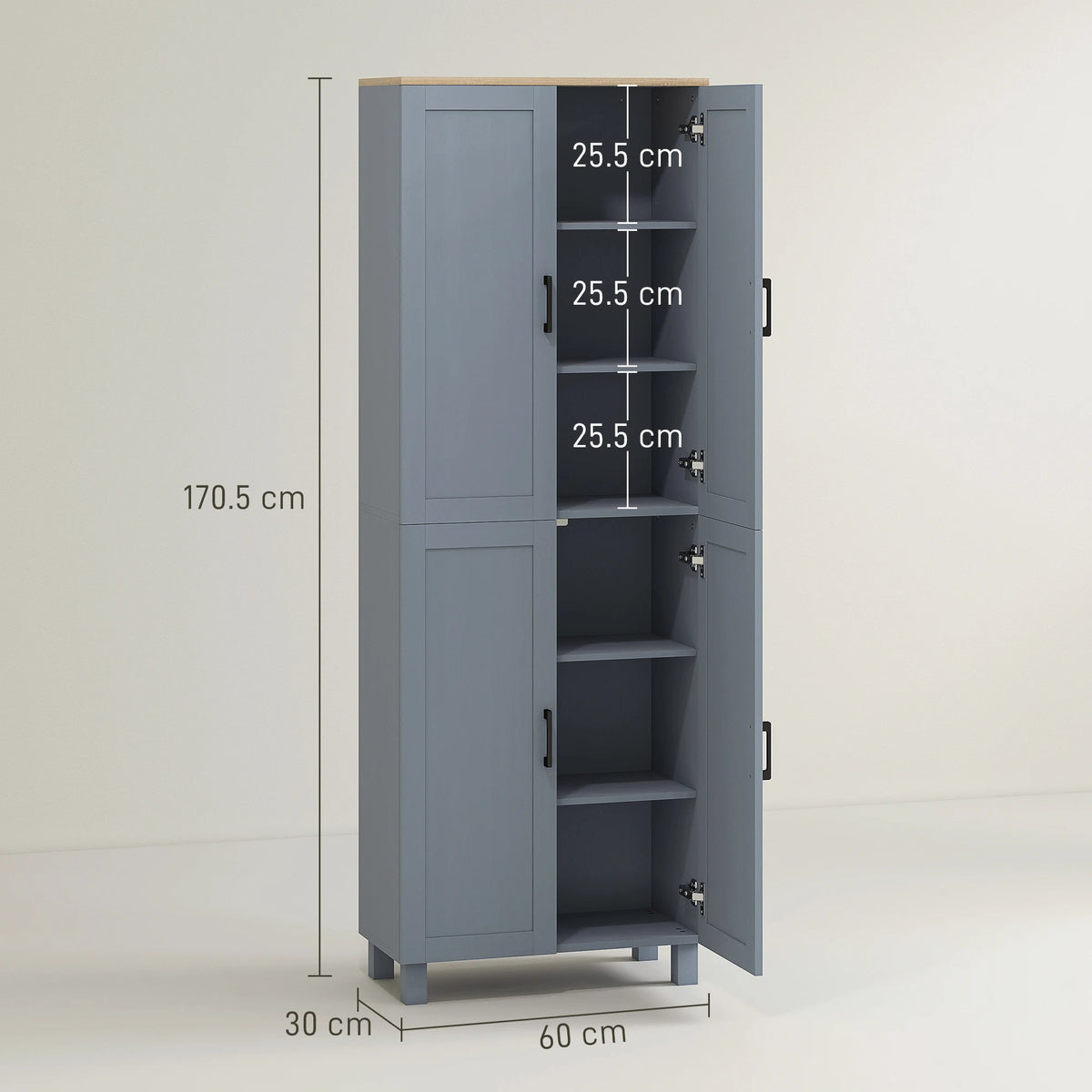 HOMCOM Freestanding Kitchen Cupboard, 4-Door Storage Cabinet with Adjustable Shelves, Modern Kitchen Pantry for Dining Room, 170cm, Grey Wood Effect