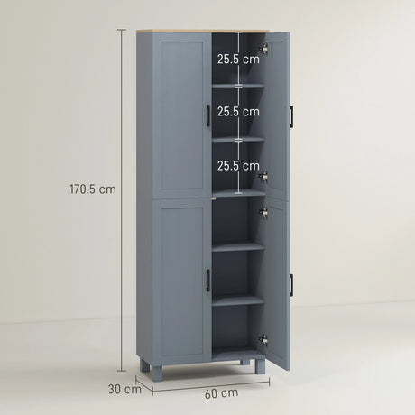 HOMCOM Freestanding Kitchen Cupboard, 4-Door Storage Cabinet with Adjustable Shelves, Modern Kitchen Pantry for Dining Room, 170cm, Grey Wood Effect
