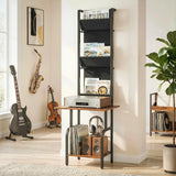 HOMCOM Vinyl Record Player Stand Record Storage with Player Stand Oxford Fabric Pockets Bottom Shelf Rustic Brown and Black