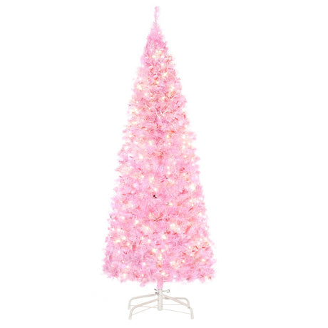 HOMCOM 5FT Tall Prelit Pencil Slim Artificial Christmas Tree with Realistic Branches, Warm White LED Lights and 408 Tips, Xmas Decoration, Pink