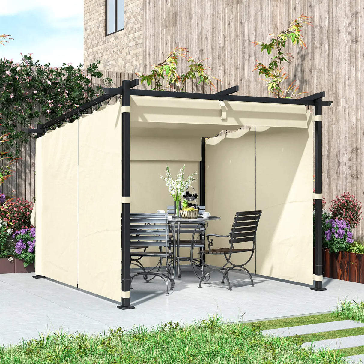 Outsunny 3 x 3 m Retractable Roof Pergola, with Curtains - Beige