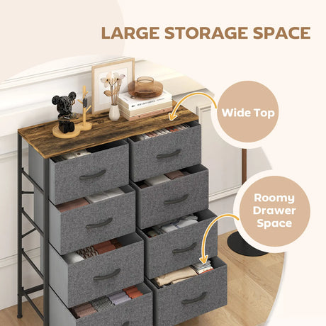 HOMCOM Fabric Chest of Drawers, Industrial Bedroom Dresser with 8 Fabric Drawers, Steel Frame and Wooden Top for Nursery, Living Room, Hallway, Rustic Brown and Grey